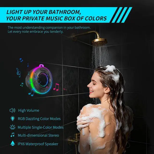 Alt view image 7 of 7 - Portable Bluetooth Shower Speaker with Led Light,Waterproof Speaker Loud Sound Built-in Mic Hands,Free Suction Cup&Hook,small Shower speakers for outdoor,Beach,Camping,Kitchen,Kayak,Gifts for unisex