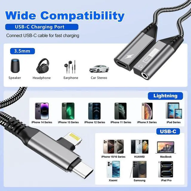Alt view image 4 of 5 - Magnetic USB C & Lightning to 3.5mm Headphone and Charger Adapter Apple iPhone Aux Audio Jack Hi-Res DAC and 60W USB-C Fast Charging Dongle Cable for iPhone 16/15/14/13,Galaxy, Pixel 9, Pad Pro/Air