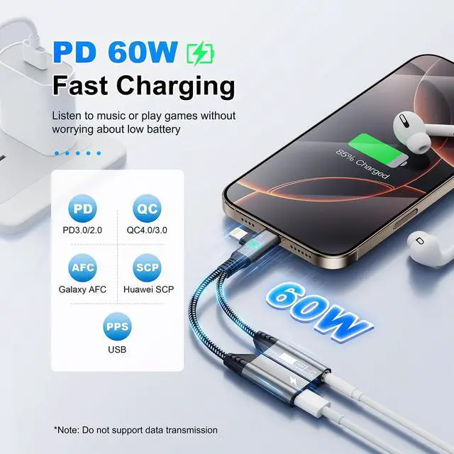 Alt view image 5 of 5 - Magnetic USB C & Lightning to 3.5mm Headphone and Charger Adapter Apple iPhone Aux Audio Jack Hi-Res DAC and 60W USB-C Fast Charging Dongle Cable for iPhone 16/15/14/13,Galaxy, Pixel 9, Pad Pro/Air
