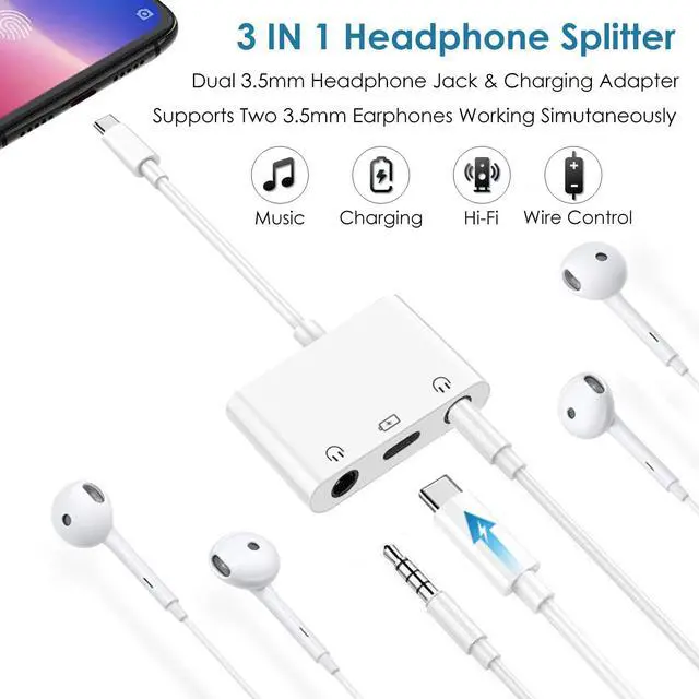 Alt view image 2 of 7 - USB C to 3.5mm Audio Adapter, 3-in-1 Aux to USB C Headphone Splitter, 3.5mm to USB C iPhone headphone adapter with PD Fast Charging Compatible with iPhone 15/16/17, iPad Pro, Galaxy S25/S24, and More