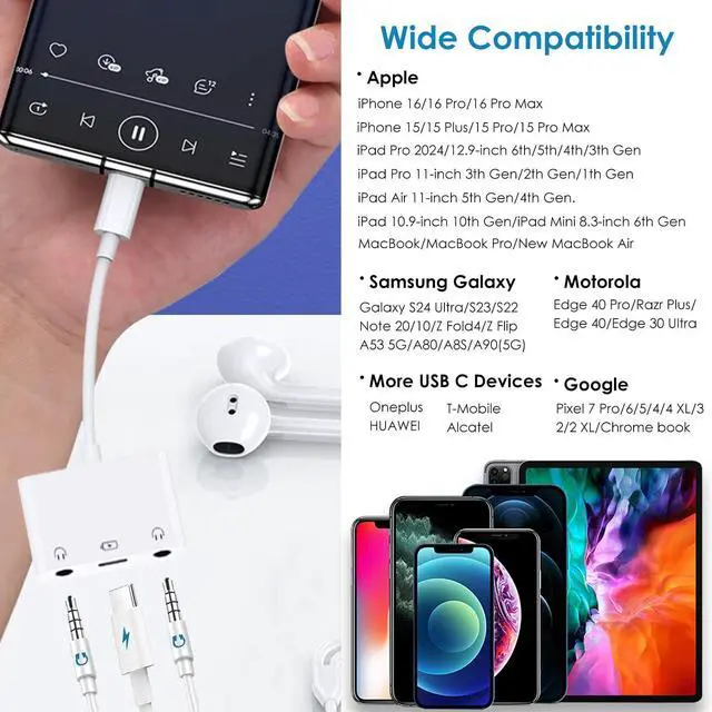 Alt view image 7 of 7 - USB C to 3.5mm Audio Adapter, 3-in-1 Aux to USB C Headphone Splitter, 3.5mm to USB C iPhone headphone adapter with PD Fast Charging Compatible with iPhone 15/16/17, iPad Pro, Galaxy S25/S24, and More