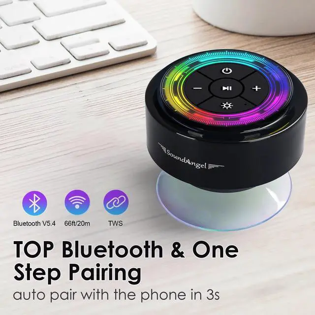 Alt view image 2 of 7 - SoundAngel Mate(2 Gen) Bluetooth Shower Speaker, Certified IPX7 Waterproof, 8W Crystal Sound&Rich Bass, 12H Playtime, Christmas Stocking Stuffers for Teens Women Men, White Elephant Gifts (Line Light)