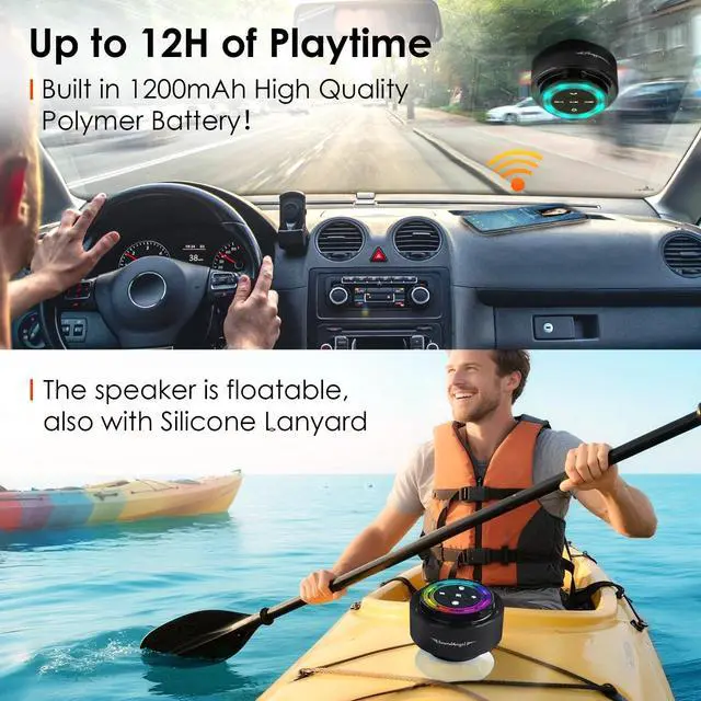 Alt view image 6 of 7 - SoundAngel Mate(2 Gen) Bluetooth Shower Speaker, Certified IPX7 Waterproof, 8W Crystal Sound&Rich Bass, 12H Playtime, Christmas Stocking Stuffers for Teens Women Men, White Elephant Gifts (Line Light)