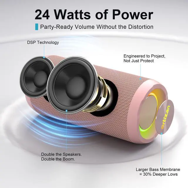 Alt view image 2 of 7 - Wireless Portable Bluetooth Speaker, IPX7 Waterproof, Dustproof and Rustproof, Powerful 24W Sound, Enhanced Bass, 30 Hour Battery, 360° Party Light, and Stereo Pairing (BT 5.3), Gifts - Pink