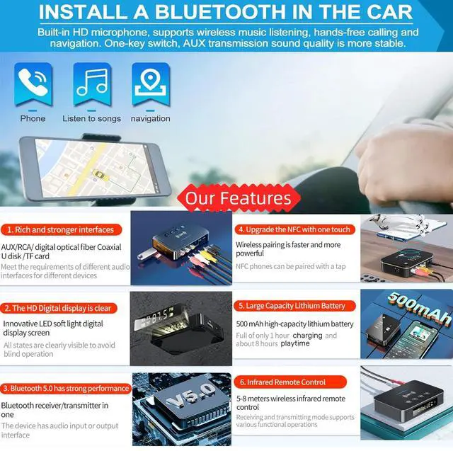 Alt view image 2 of 7 - Bluetooth 5.0 Adapter, Bluetooth Transmitter and Receiver for Home Stereo Hi-Fi Audio with 3.5mm, RCA, Coaxial, Optical, NFC, Aptx-LL - for Home, Car, AV Receiver or Amplifier (M6)