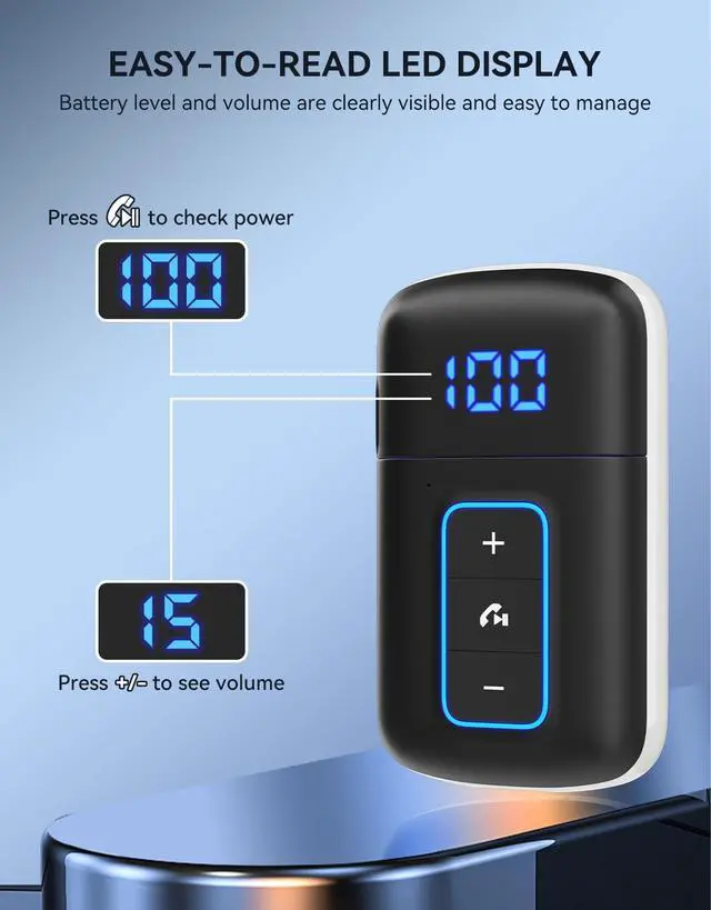 Alt view image 2 of 7 - DAMAIKE Bluetooth 5.3 Receiver for Car, [LED Screen] [Noise Cancelling] 3.5mm AUX Bluetooth Adapter, Wireless Audio Receiver for Wired Headphones/Home Stereo/Speaker, Music Playing, Hands-Free Call