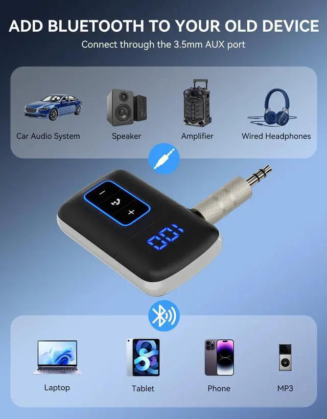Alt view image 6 of 7 - DAMAIKE Bluetooth 5.3 Receiver for Car, [LED Screen] [Noise Cancelling] 3.5mm AUX Bluetooth Adapter, Wireless Audio Receiver for Wired Headphones/Home Stereo/Speaker, Music Playing, Hands-Free Call