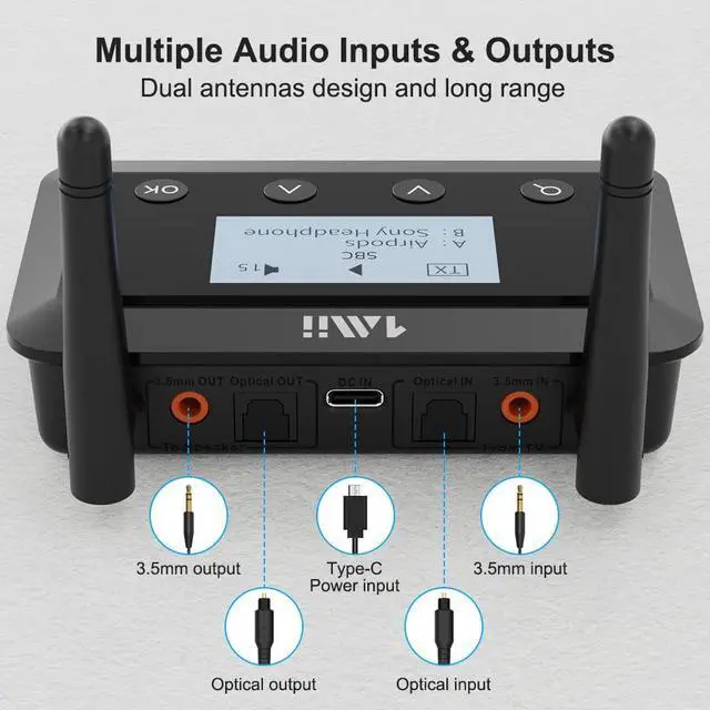 Alt view image 6 of 7 - 1Mii B03+ Bluetooth Transmitter Receiver for TV Home Stereo, Long Range Bluetooth 5.3 Adapter for TV Audio with Screen, aptX Low Latency & HD & AD, Optical RCA AUX 3.5mm Inputs/Outputs