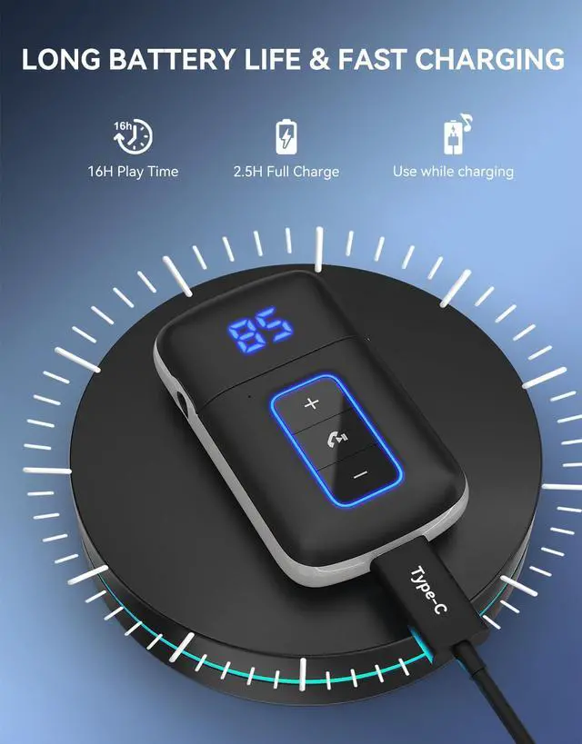 Alt view image 7 of 7 - DAMAIKE Bluetooth 5.3 Receiver for Car, [LED Screen] [Noise Cancelling] 3.5mm AUX Bluetooth Adapter, Wireless Audio Receiver for Wired Headphones/Home Stereo/Speaker, Music Playing, Hands-Free Call