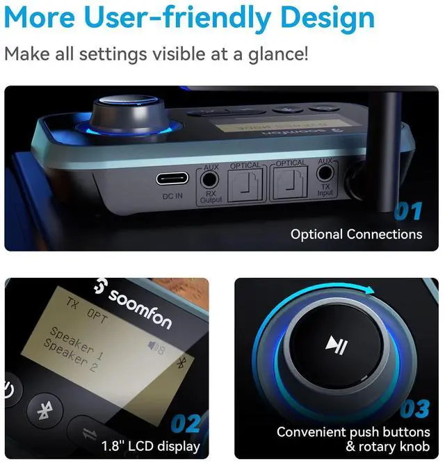 Alt view image 5 of 7 - SOOMFON Bluetooth Transmitter for TV 3-in-1 Bluetooth 5.0 Transmitter Receiver for TV to 2 Headphones with LCD Display Adjustable Volume, Optical AUX RCA Bypass for Home Stereo Speaker