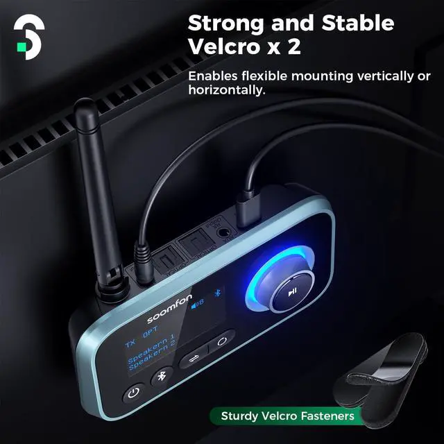 Alt view image 7 of 7 - SOOMFON Bluetooth Transmitter for TV 3-in-1 Bluetooth 5.0 Transmitter Receiver for TV to 2 Headphones with LCD Display Adjustable Volume, Optical AUX RCA Bypass for Home Stereo Speaker