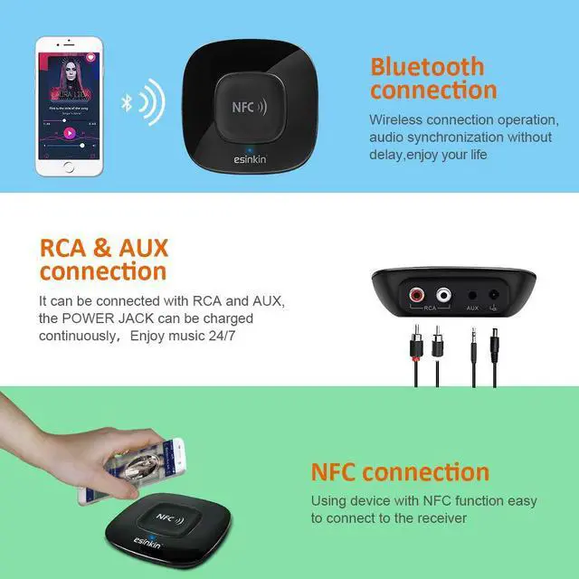 Alt view image 4 of 7 - Esinkin Bluetooth Receiver Wireless Audio Adapter 4.0NFC-Enabled for HD Music Stereo Sound System