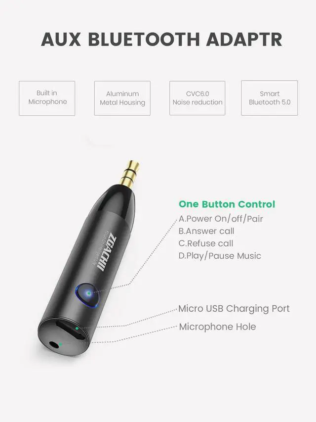Alt view image 6 of 7 - ZOACHII Bluetooth Aux Adapter for Car, Wireless Bluetooth 5.0 Audio Receiver with 3.5mm Jack for Vehicle Truck Home Stereo Speaker Headphone Music Streaming, Handsfree Calling, [1 Piece]
