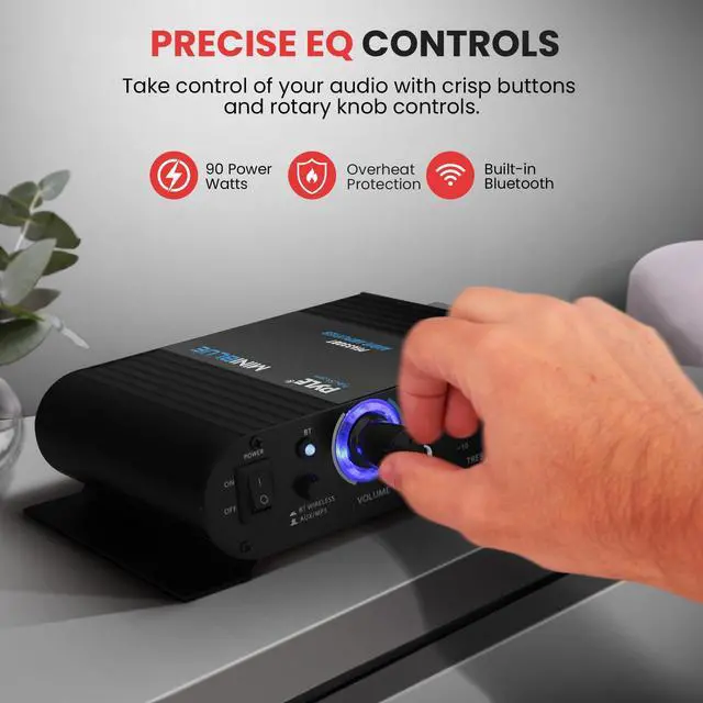 Alt view image 4 of 7 - Pyle Wireless Bluetooth Home Audio Amplifier - 90W Dual Channel Mini Portable Power Stereo Sound Receiver w/ Speaker Selector, RCA, AUX, LED, 12V Adapter - For Smartphone PA, Studio Use - PFA330BT