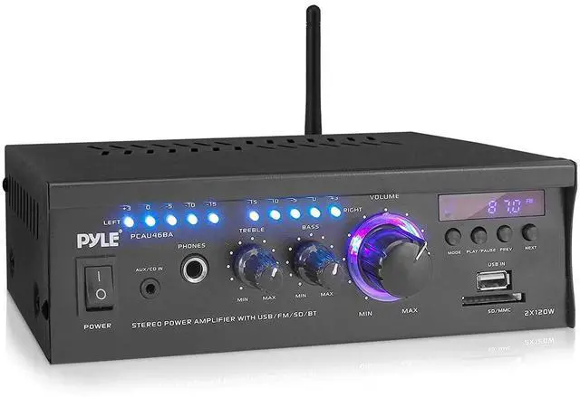 Main image of Pyle Wireless Bluetooth Home Stereo Amplifier - 2x120 Watt Power Amplifier Home Audio Bluetooth Receiver System w/Blue LED Display, AM/FM Radio, USB/SD, AUX, RCA, Headphone Jack - Remote - PCAU46BA