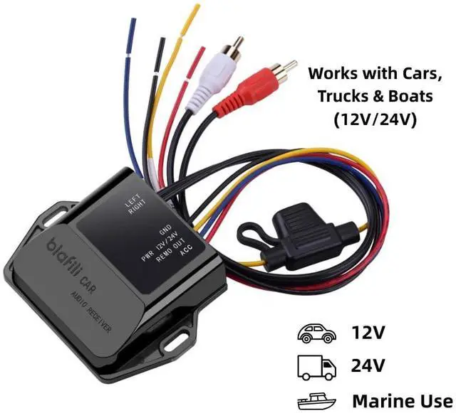 Alt view image 2 of 7 - blafili CAR Bluetooth 5.2 Receiver aptX Adaptive, aptX HD, AAC, SBC 12V/24V Compatible, Remote Trigger, Stereo RCA Output Wireless A2DP Adapter for Car, Truck, Marine, Powersport Audio Systems