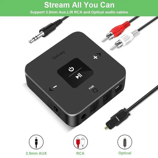 Alt view image 5 of 7 - Golvery Bluetooth 5.0 Transmitter Receiver for TV Airplane, 2 in 1 Bluetooth Adapter for PC/DVD/MP3/Home Stereo/Speaker/Gym, Optical/RCA/AUX Connection, 25 Hours Playtime, Dual Link, Volume Control