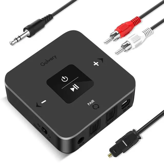Main image of Golvery Bluetooth 5.0 Transmitter Receiver for TV Airplane, 2 in 1 Bluetooth Adapter for PC/DVD/MP3/Home Stereo/Speaker/Gym, Optical/RCA/AUX Connection, 25 Hours Playtime, Dual Link, Volume Control