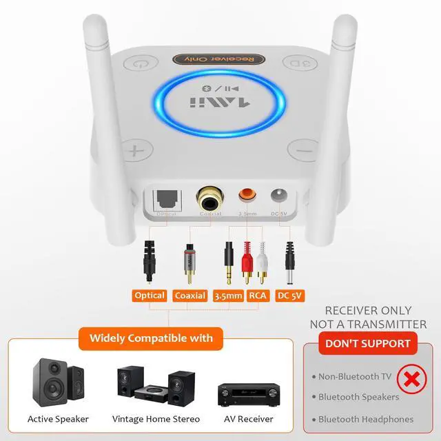 Alt view image 5 of 7 - [Upgraded] 1Mii Bluetooth 5.1 Receiver, Long Range HiFi Bluetooth Audio Adapter w/ 3D Surround aptX HD Low Latency, Optical RCA AUX 3.5mm Coaxial for Home Stereo System - B06Pro Grey