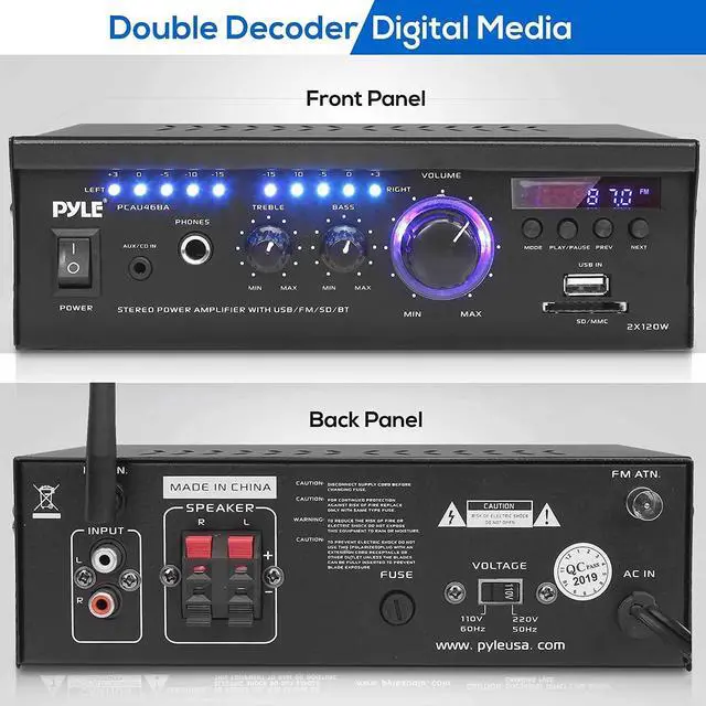 Alt view image 3 of 7 - Pyle Wireless Bluetooth Home Stereo Amplifier - 2x120 Watt Power Amplifier Home Audio Bluetooth Receiver System w/Blue LED Display, AM/FM Radio, USB/SD, AUX, RCA, Headphone Jack - Remote - PCAU46BA
