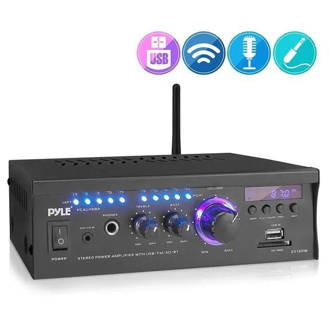 Alt view image 2 of 7 - Pyle Wireless Bluetooth Home Stereo Amplifier - 2x120 Watt Power Amplifier Home Audio Bluetooth Receiver System w/Blue LED Display, AM/FM Radio, USB/SD, AUX, RCA, Headphone Jack - Remote - PCAU46BA