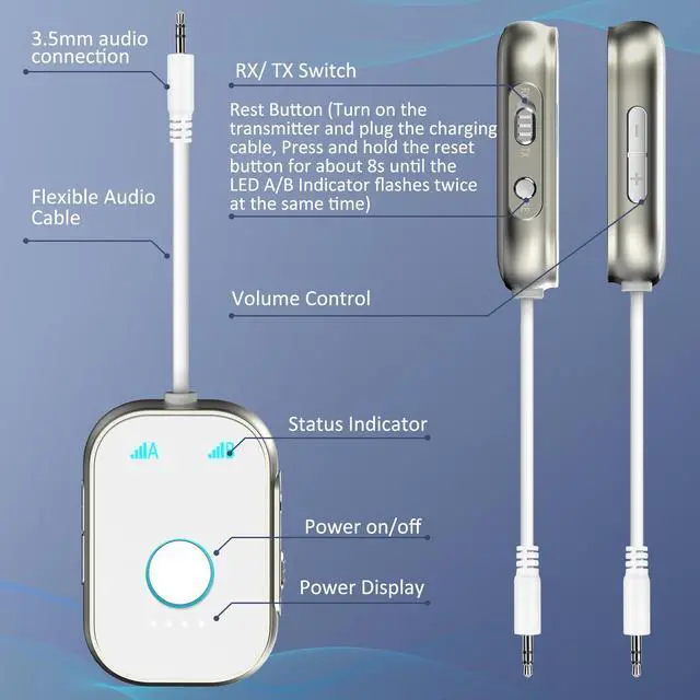 Alt view image 7 of 7 - Swiitech Bluetooth Transmitter Receiver, 2-in1 Wireless Adapter for Airplane, Bluetooth 5.3 Transmitter for TVs, Gym Equipment, Cars,Use with 3.5mm Jack and RCA Cable