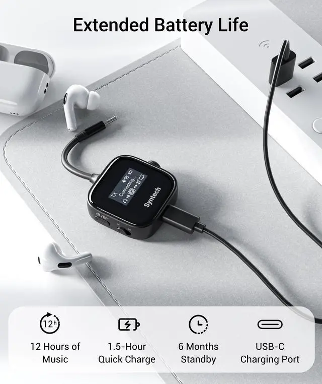 Alt view image 7 of 7 - Syntech Airplane Bluetooth Transmitter Receiver 5.4 Adapter for 2 AirPods or Wireless Headphones, HD Display Low Latency 3.5mm AUX Jack Bluetooth Audio Adapter for Flying, TV, Car, Gym, Home Stereo