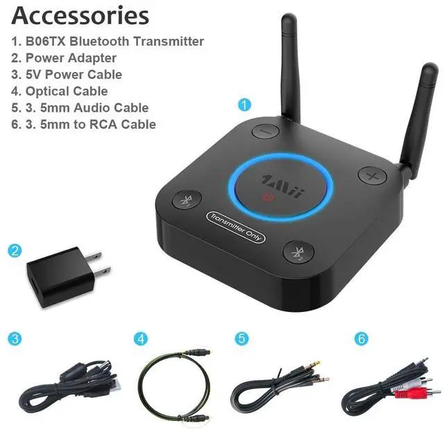 Alt view image 7 of 7 - 1Mii B06TX Bluetooth 5.2 Transmitter for TV to Wireless Headphone/Speaker, Bluetooth Adapter for TV w/Volume Control, AUX/RCA/Optical/Coaxial Audio Inputs, Plug n Play, aptX Low Latency & HD