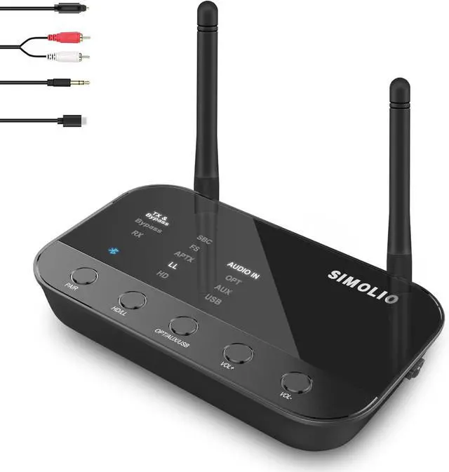 Main image of SIMOLIO Bluetooth Transmitter Receiver for TV Home Stereo, aptX Low Latency & HD Long Range Bluetooth Audio Adapter for 2 Wireless Headphones, Bypass to Soundbar, Optical RCA AUX 3.5mm Inputs/Outputs