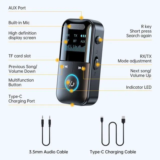 Alt view image 7 of 7 - Bluetooth 5.4 Audio Transmitter Receiver, 4-in-1 Wireless Transmitter Adapter, Low Latency/HD Screen/TF Card Aux Adapter for Airplane, Car, Laptop, Radio,TV
