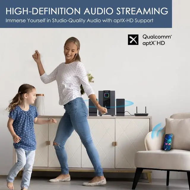 Alt view image 4 of 7 - SIMOLIO Bluetooth Transmitter Receiver for TV Home Stereo, aptX Low Latency & HD Long Range Bluetooth Audio Adapter for 2 Wireless Headphones, Bypass to Soundbar, Optical RCA AUX 3.5mm Inputs/Outputs