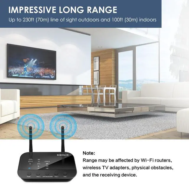 Alt view image 6 of 7 - SIMOLIO Bluetooth Transmitter Receiver for TV Home Stereo, aptX Low Latency & HD Long Range Bluetooth Audio Adapter for 2 Wireless Headphones, Bypass to Soundbar, Optical RCA AUX 3.5mm Inputs/Outputs