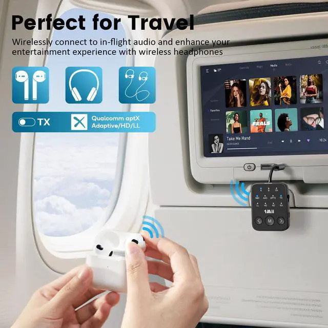 Alt view image 3 of 7 - 1Mii Bluetooth 5.3 Transmitter Receiver, Dual Link for 2 Headphones, aptX Adaptive/HD Low Latency, 3.5mm AUX Jack Wireless Audio Adapter for Airplane/TV/MP3 Players/Car/Home Stereo, 25H Playtime