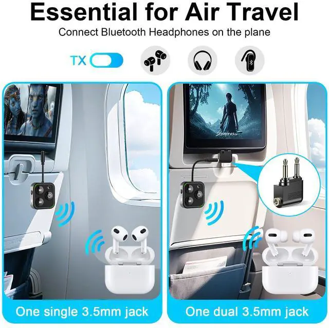 Alt view image 3 of 7 - 2025 Pro Bluetooth 5.4 Transmitter Receiver, 2-in-1 Wireless Audio Adapter for Airplane/TV/PC/Gym - Dual Link Headphone, Low Latency, Battery Display, Built-in Mic, 30H Playtime, Aviation Metal Frame