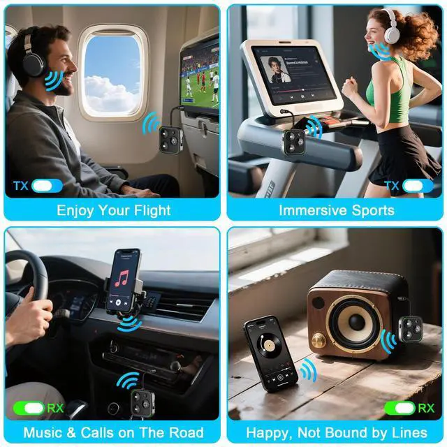 Alt view image 6 of 7 - 2025 Pro Bluetooth 5.4 Transmitter Receiver, 2-in-1 Wireless Audio Adapter for Airplane/TV/PC/Gym - Dual Link Headphone, Low Latency, Battery Display, Built-in Mic, 30H Playtime, Aviation Metal Frame