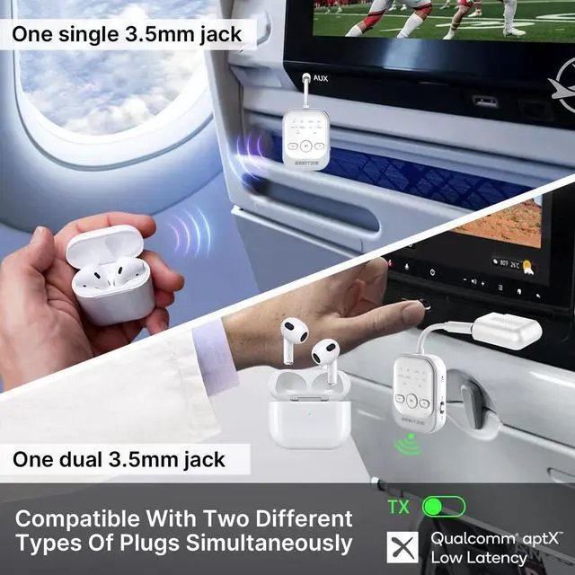 Alt view image 3 of 7 - Beeitzie Ultra Bluetooth 5.4 Transmitter & Receiver,2-in-1 Wireless Audio Transmitter for TV/PC/Airplane, Dual Pairing for AirPods/Headphones, AptX LL& HD, Aux for Home/Car Stereo & Speakers