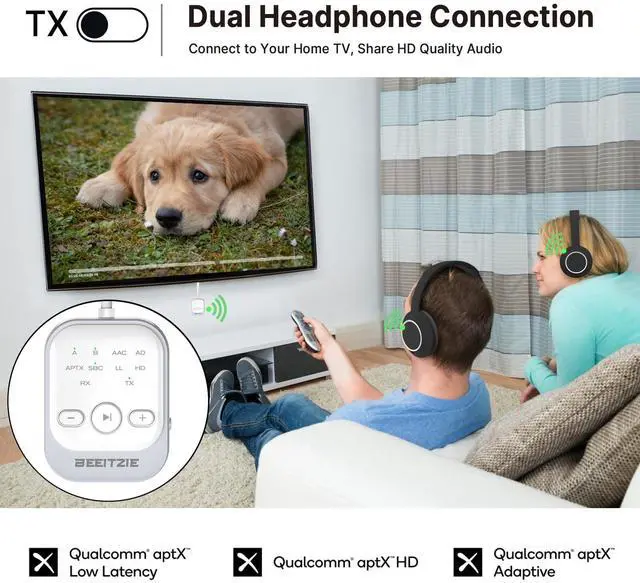 Alt view image 4 of 7 - Beeitzie Ultra Bluetooth 5.4 Transmitter & Receiver,2-in-1 Wireless Audio Transmitter for TV/PC/Airplane, Dual Pairing for AirPods/Headphones, AptX LL& HD, Aux for Home/Car Stereo & Speakers