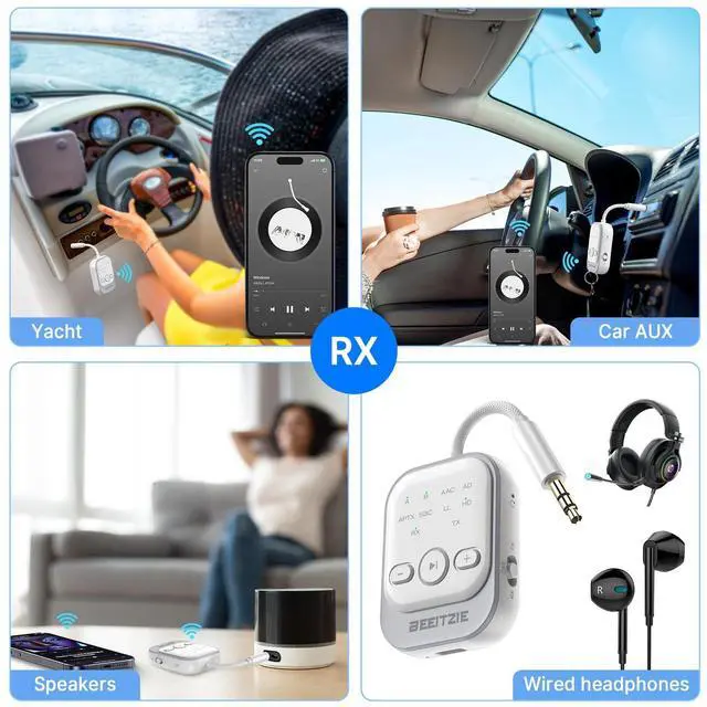 Alt view image 6 of 7 - Beeitzie Ultra Bluetooth 5.4 Transmitter & Receiver,2-in-1 Wireless Audio Transmitter for TV/PC/Airplane, Dual Pairing for AirPods/Headphones, AptX LL& HD, Aux for Home/Car Stereo & Speakers