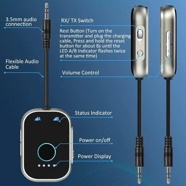 Alt view image 2 of 7 - Swiitech Bluetooth Transmitter Receiver for TV, 2-in-1 Bluetooth 5.3 Adapter for Airplane, Gym Equipment, Cars, for up to Two Wireless Headphones, Cell Phones.