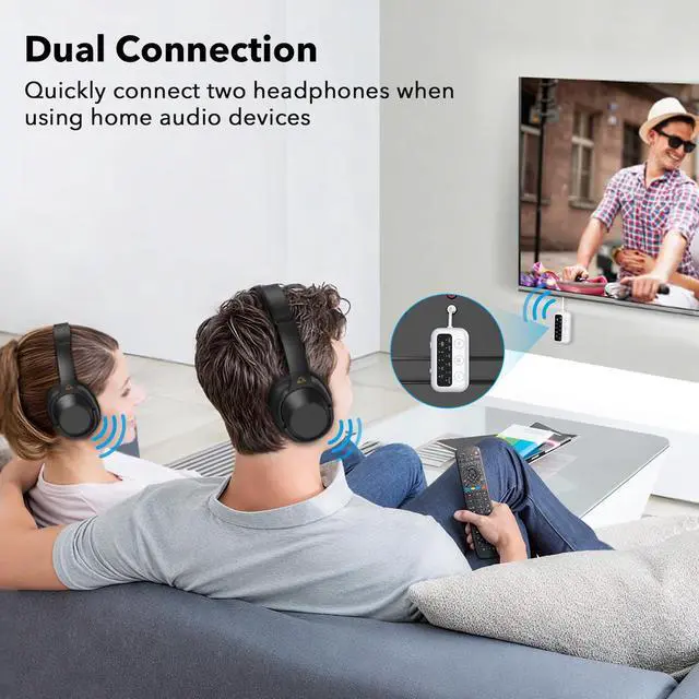 Alt view image 4 of 7 - SafeFly Dot Bluetooth 5.3 Audio Transmitter Receiver for TV - AptX Low Latency, 25H Battery Life, Dual Pairing for 2 Airpods, 2-in-1 Wireless Adapter for Airplane, Car, Home Stereo, PC, MP3, Gym-White