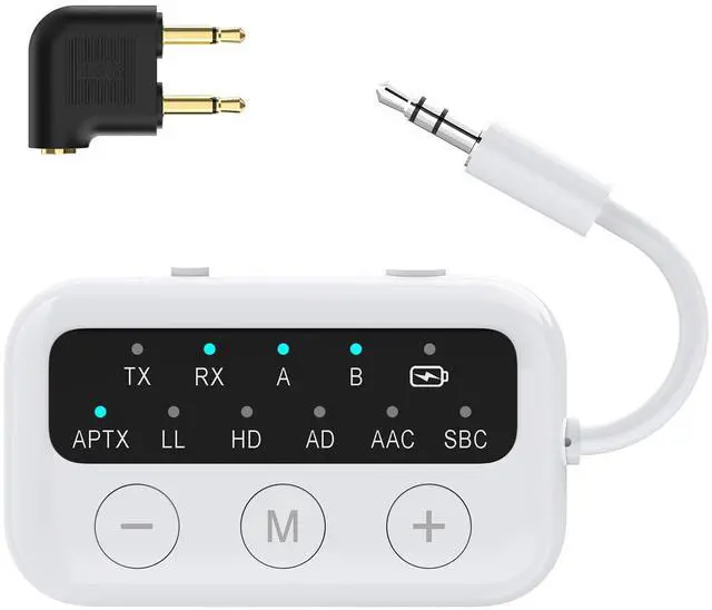Main image of SafeFly Dot Bluetooth 5.3 Audio Transmitter Receiver for TV - AptX Low Latency, 25H Battery Life, Dual Pairing for 2 Airpods, 2-in-1 Wireless Adapter for Airplane, Car, Home Stereo, PC, MP3, Gym-White