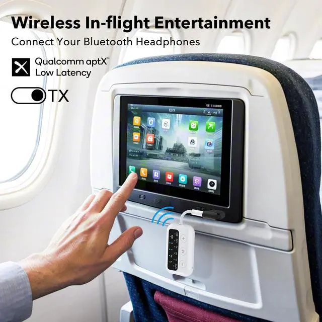 Alt view image 3 of 7 - SafeFly Dot Bluetooth 5.3 Audio Transmitter Receiver for TV - AptX Low Latency, 25H Battery Life, Dual Pairing for 2 Airpods, 2-in-1 Wireless Adapter for Airplane, Car, Home Stereo, PC, MP3, Gym-White