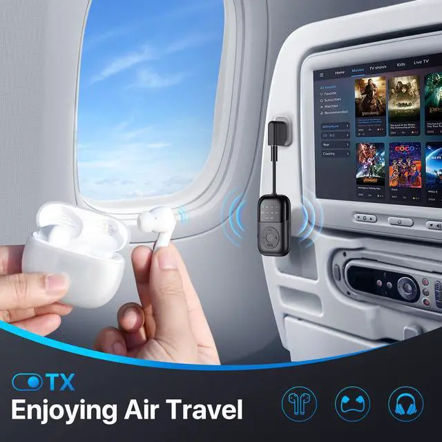 Alt view image 6 of 7 - Bluetooth Transmitter Receiver, 2-in-1 Bluetooth 5.4 Adapter for TV, Airplane, Gym Equipment, Cars, PC, Supports to 2 Wireless Headphones, Cell Phones, Wireless Receiver for Car, Home Stereo- Black