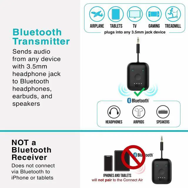 Alt view image 5 of 7 - MEE Audio Connect Air in-Flight Bluetooth Wireless Audio Transmitter Adapter for up to 2 AirPods/Other Headphones; Works with All 3.5mm Aux Jacks on Airplanes, Gym Equipment, TVs, & Gaming Consoles