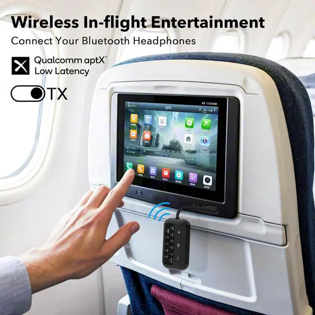 Alt view image 3 of 7 - SafeFly Dot Bluetooth 5.3 Audio Transmitter Receiver for TV - AptX Low Latency, 25H Battery Life, Dual Pairing for 2 Airpods, 2-in-1 Wireless Adapter for Airplane, Car, Home Stereo, PC, MP3, Gym-Black