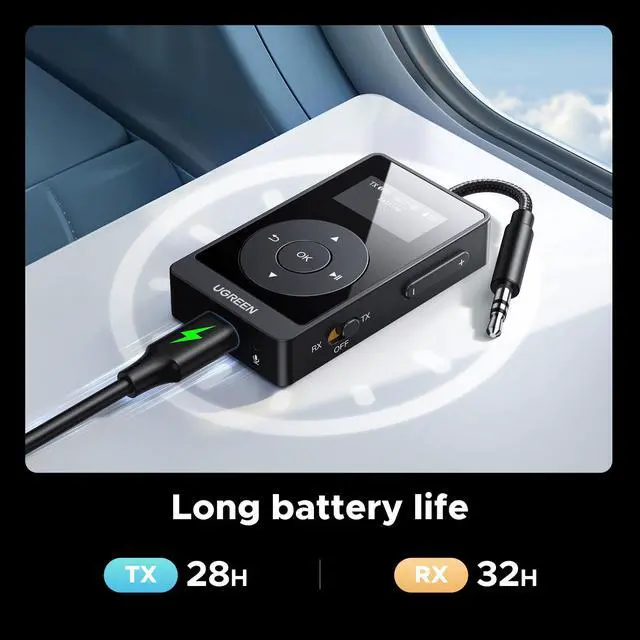 Alt view image 3 of 7 - UGREEN Airplane Bluetooth 5.3 Transmitter Receiver for 2 Airpods, AptX Adaptive/HD Audio 3.5m Aux Bluetooth Adapter for Airplane TV Wireless Headphones, Travel Essentials for Flying