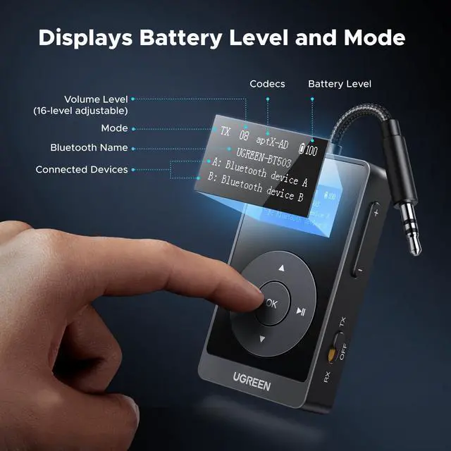 Alt view image 5 of 7 - UGREEN Airplane Bluetooth 5.3 Transmitter Receiver for 2 Airpods, AptX Adaptive/HD Audio 3.5m Aux Bluetooth Adapter for Airplane TV Wireless Headphones, Travel Essentials for Flying