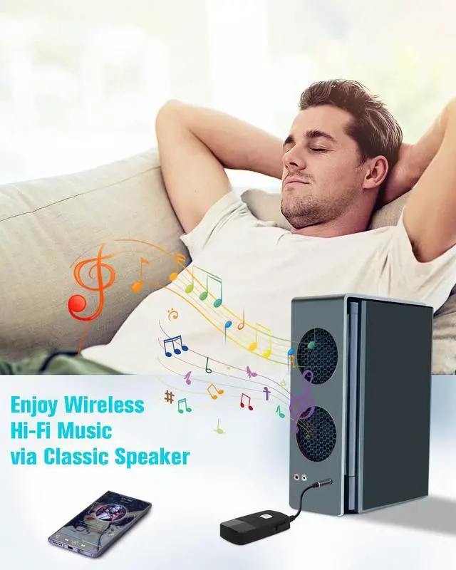 Alt view image 4 of 7 - Golvery Upgraded Bluetooth 5.4 Receiver for Speaker, Wireless Audio Adapter for Home Audio Car Stereo with 3.5mm RCA Jack, 20 Hours Playtime, Dual Connection to 2 Phones, Easy Control ON/Off Slider