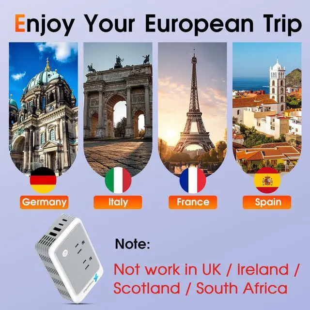 Alt view image 5 of 7 - 220V to 110V Voltage Converter US to Europe for Curling Iron and Hair Straighteners, Power Converter for European Travel Plug Adapter with 2 USB A & 2 USB C Ports (Type C-Europe)