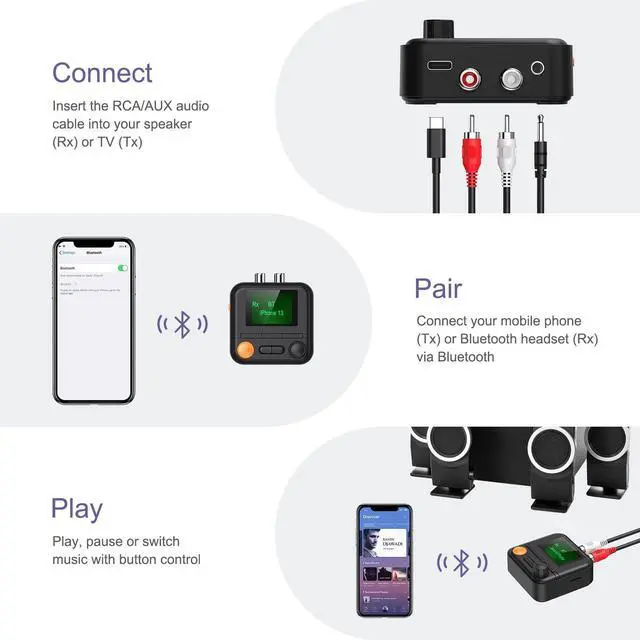 Alt view image 6 of 7 - JXTZ Bluetooth 5.2 Transmitter Receiver, HiFi Bluetooth Audio Adapter with Display, Wireless Audio Adapter for Music Streaming Sound System, Headphones, TV, Support TF Card/RCA/3.5mm AUX Output